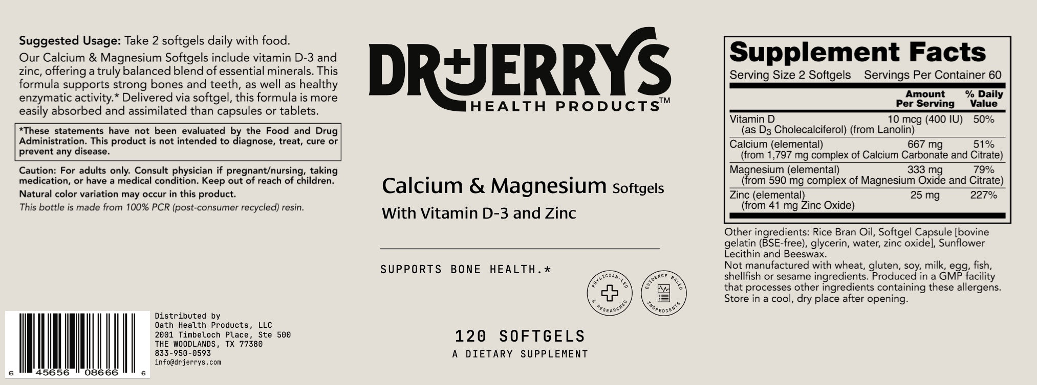 Dr. Jerry's Calcium & Magnesium Softgels with Vitamin D-3 and Zinc (120 Softgels)