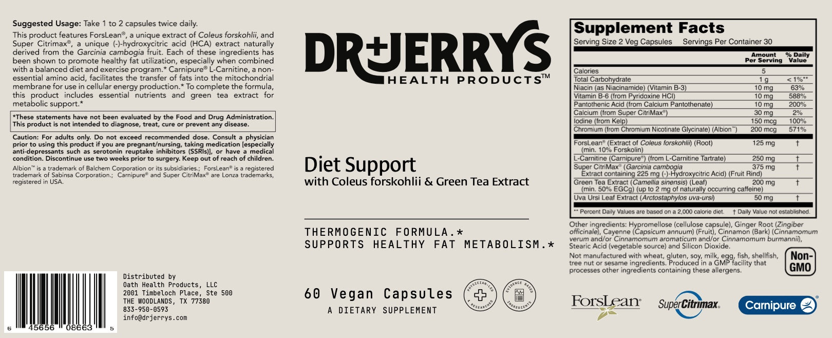 Dr. Jerry's Diet Support with Coleus forskohlii & Green Tea Extract (60 Vegan Capsules) - Supports healthy fat metabolism
