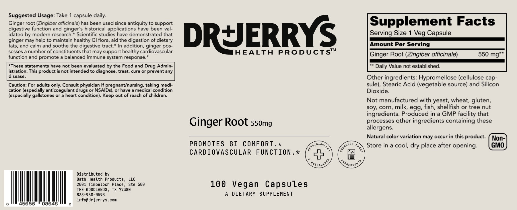 Dr. Jerry's Ginger Root 550 mg (100 Vegan Capsules) - Promotes GI Comfort and Cardiovascular function