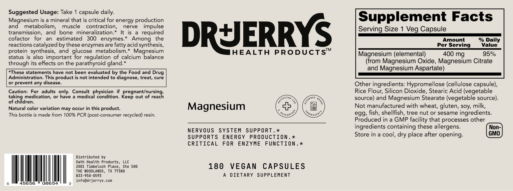 Dr. Jerry's Magnesium 400mg (100 Vegan Capsules) - Nervous system and energy support,
