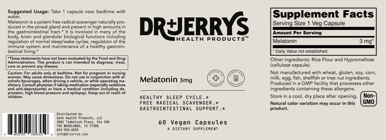 Dr. Jerry's Melatonin 3mg (60 Vegan Capsules) - Healthy sleep cycle, Gastrointestinal support