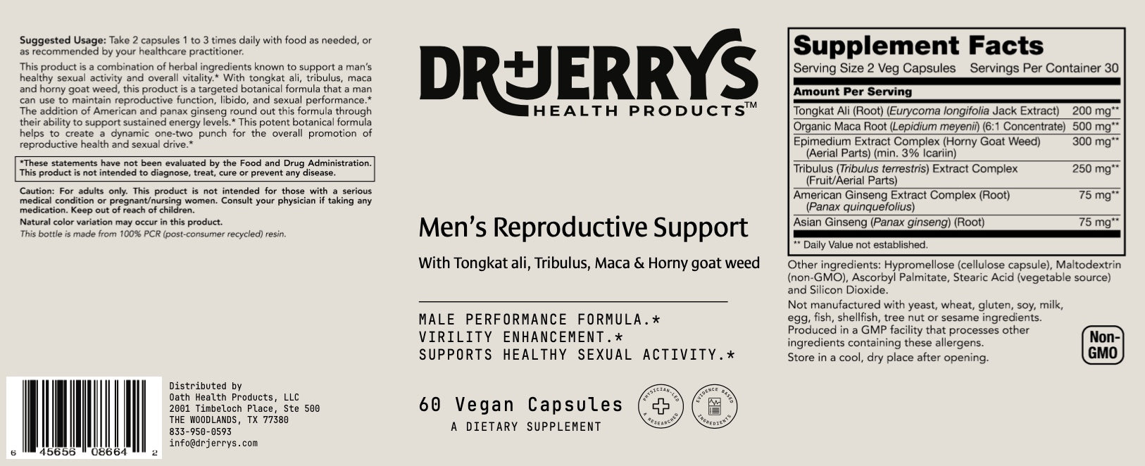 Dr. Jerry's Men's Reproductive Support with Tongkat ali, Tribulus, Maca & Horny goat weed (60 Vegan Capsules)
