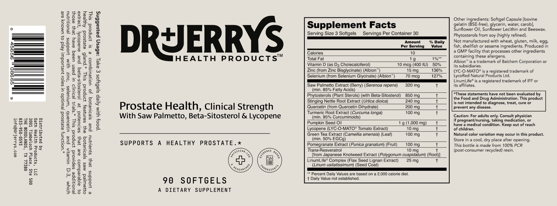 Dr. Jerry's Prostate Health with Saw palmetto, Beta-sitosterol & Lycopene (90 Softgels)