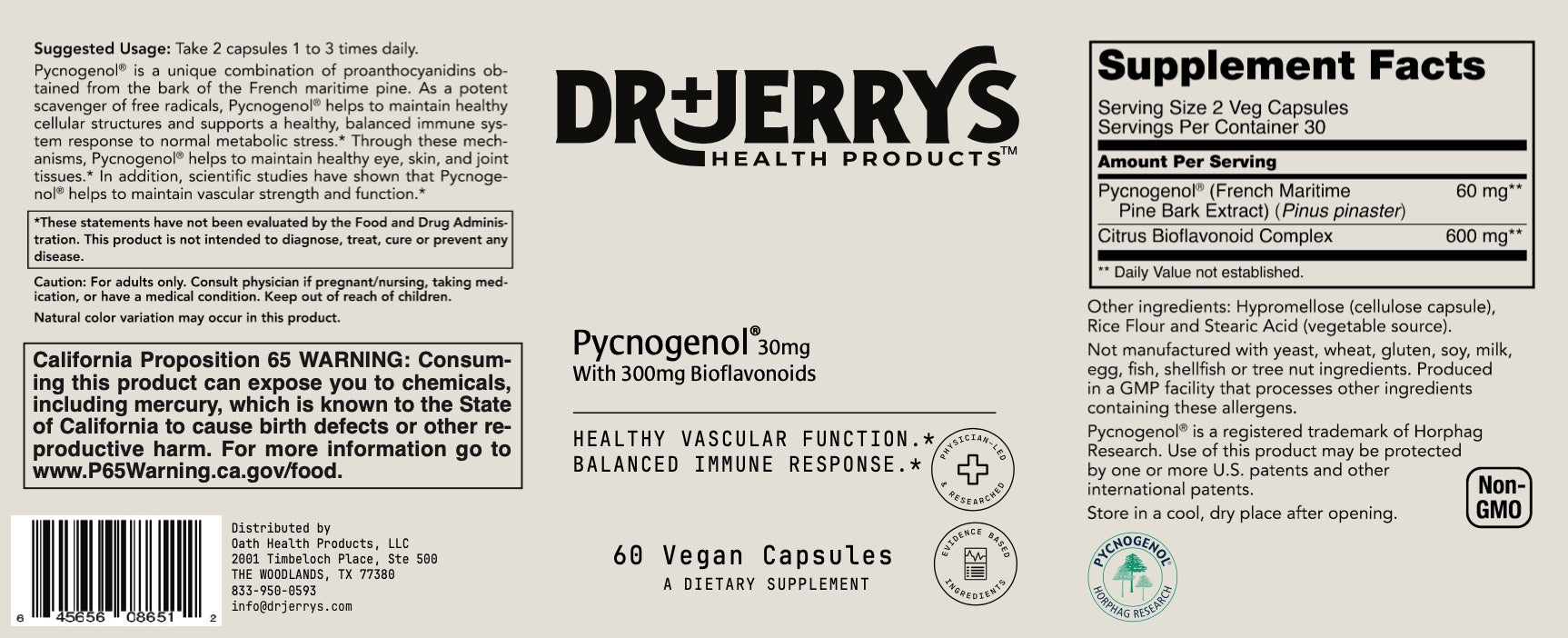 Dr. Jerry's Pycnogenol 30mg with 300mg Bioflavonoids (60 Vegan Capsules)