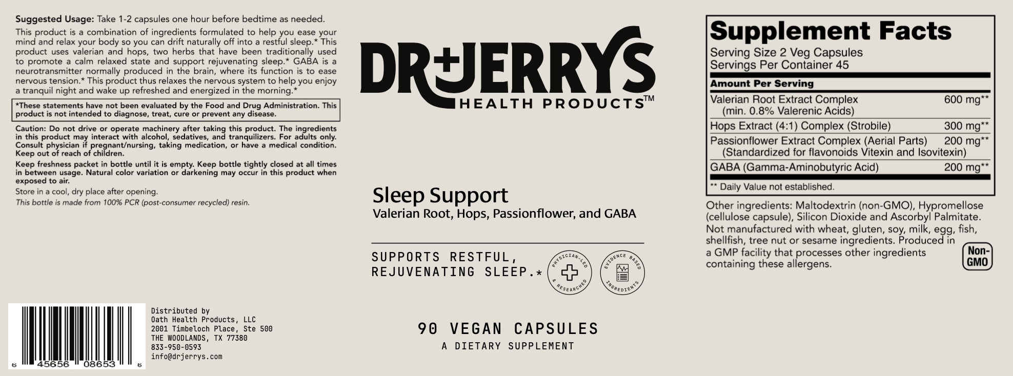 Dr. Jerry's Sleep Support with Valerian root, Hops, Passionflower, and GABA (90 Vegan Capsules)