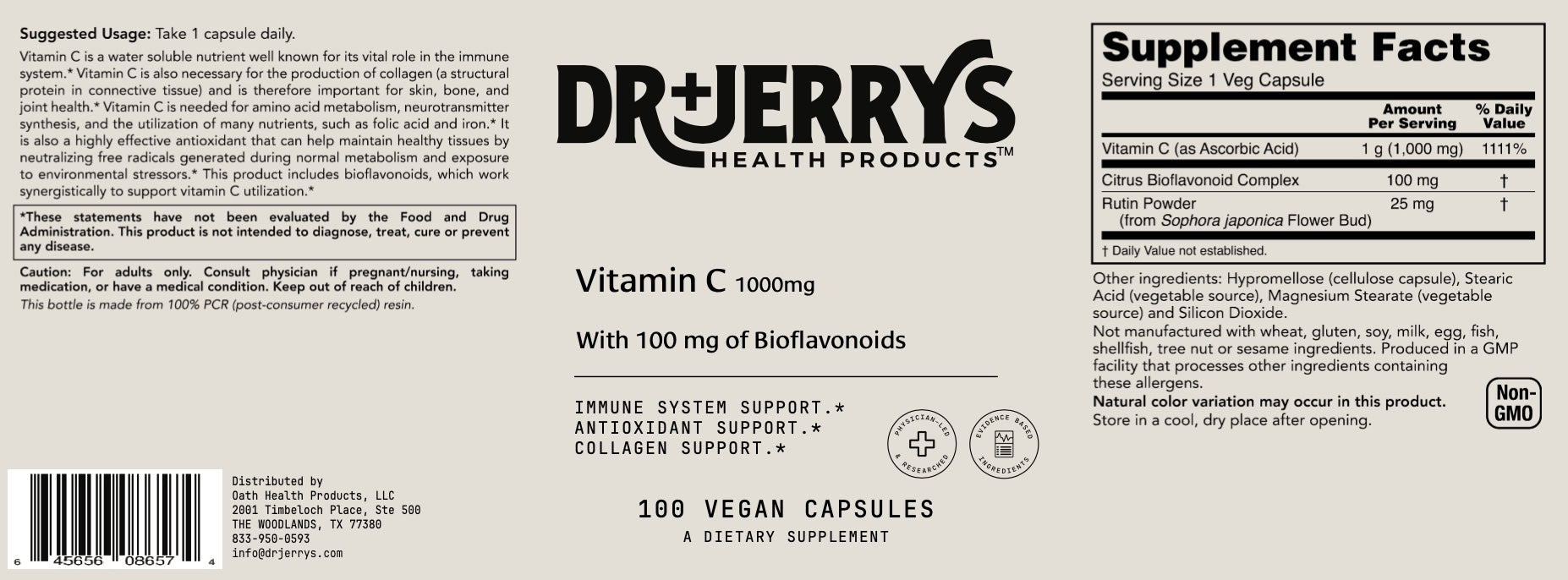 Dr. Jerry's Vitamin C 1000mg with 100mg of bioflavonoids (100 Vegan Capsules) - immune system, antioxidant, and collagen support