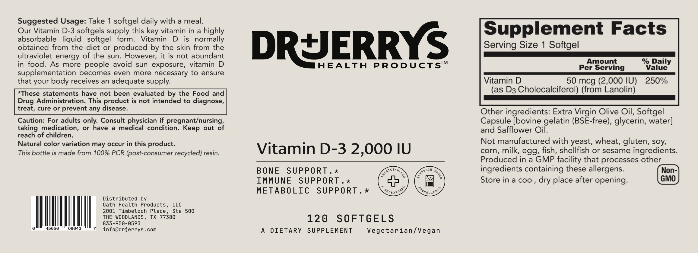 Dr. Jerry's Vitamin D-3 2000 IU (120 Softgels)