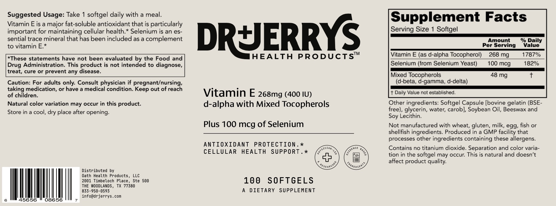 Dr. Jerry's Vitamin E 400 IU d-alpha with mixed tocopherols, with 100 mcg Selenium (100 Softgels)
