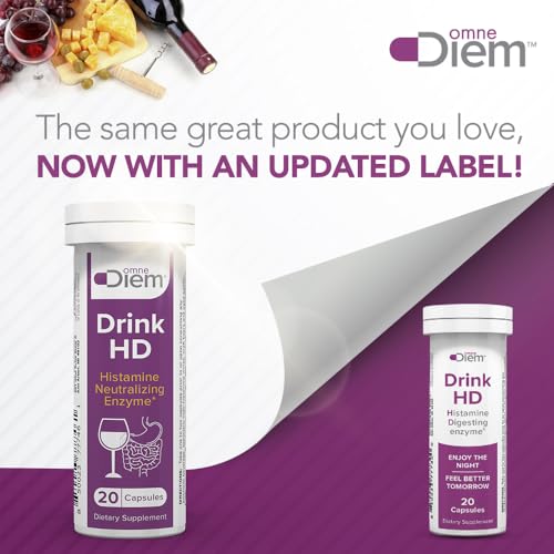 Omne Diem Drink HD Dietary Supplement: Natural Histamine Neutralizing & Digesting Enzyme – Diamine Oxidase (DAO), 20 Capsules