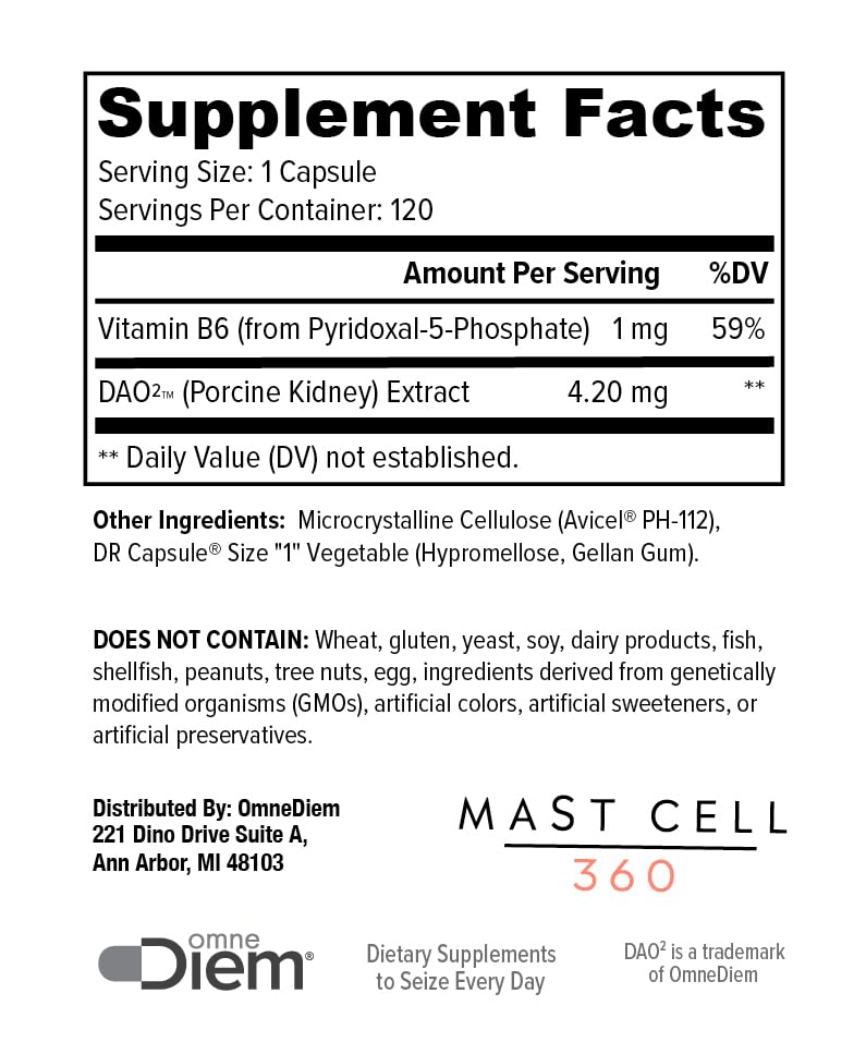 Omne Diem Histamine Digest 360 - Beth O'Hara Mastcell 360 - Diamine Oxidase & Vitamin B6 120 DR Capsules