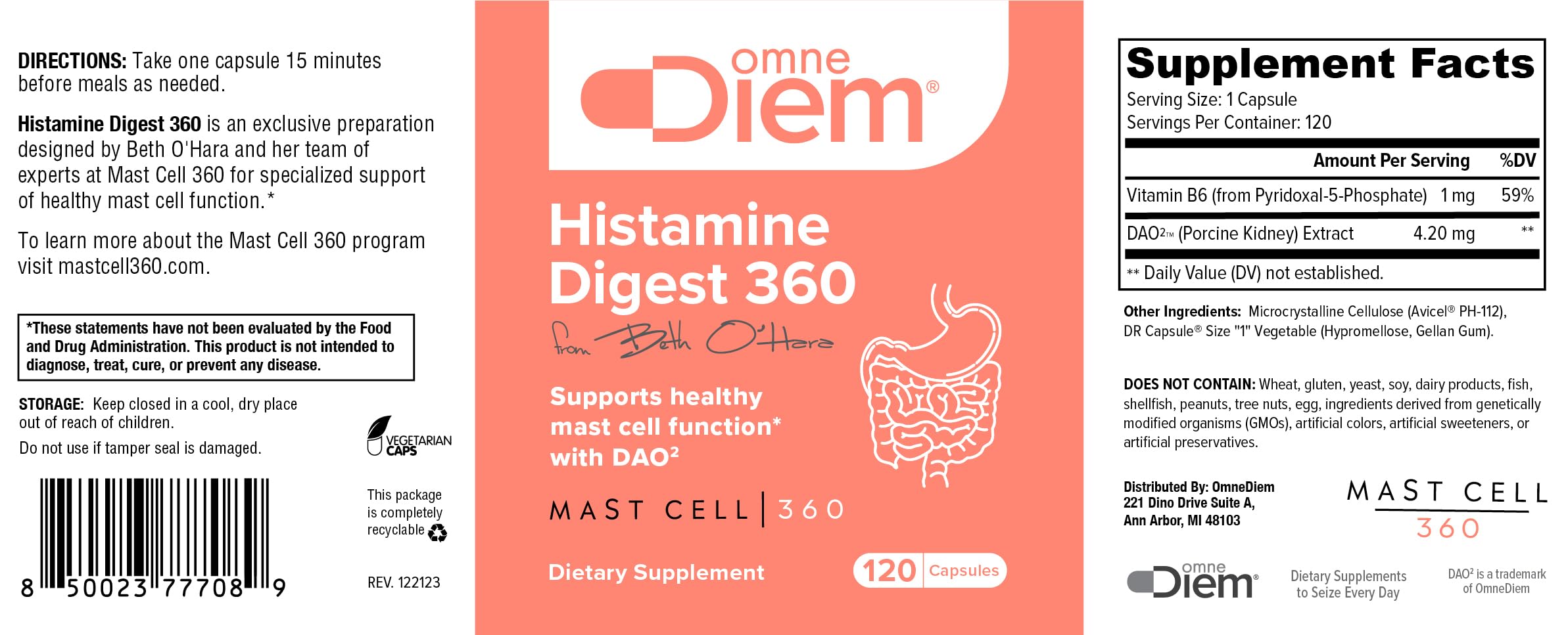 Omne Diem Histamine Digest 360 - Beth O'Hara Mastcell 360 - Diamine Oxidase & Vitamin B6 120 DR Capsules