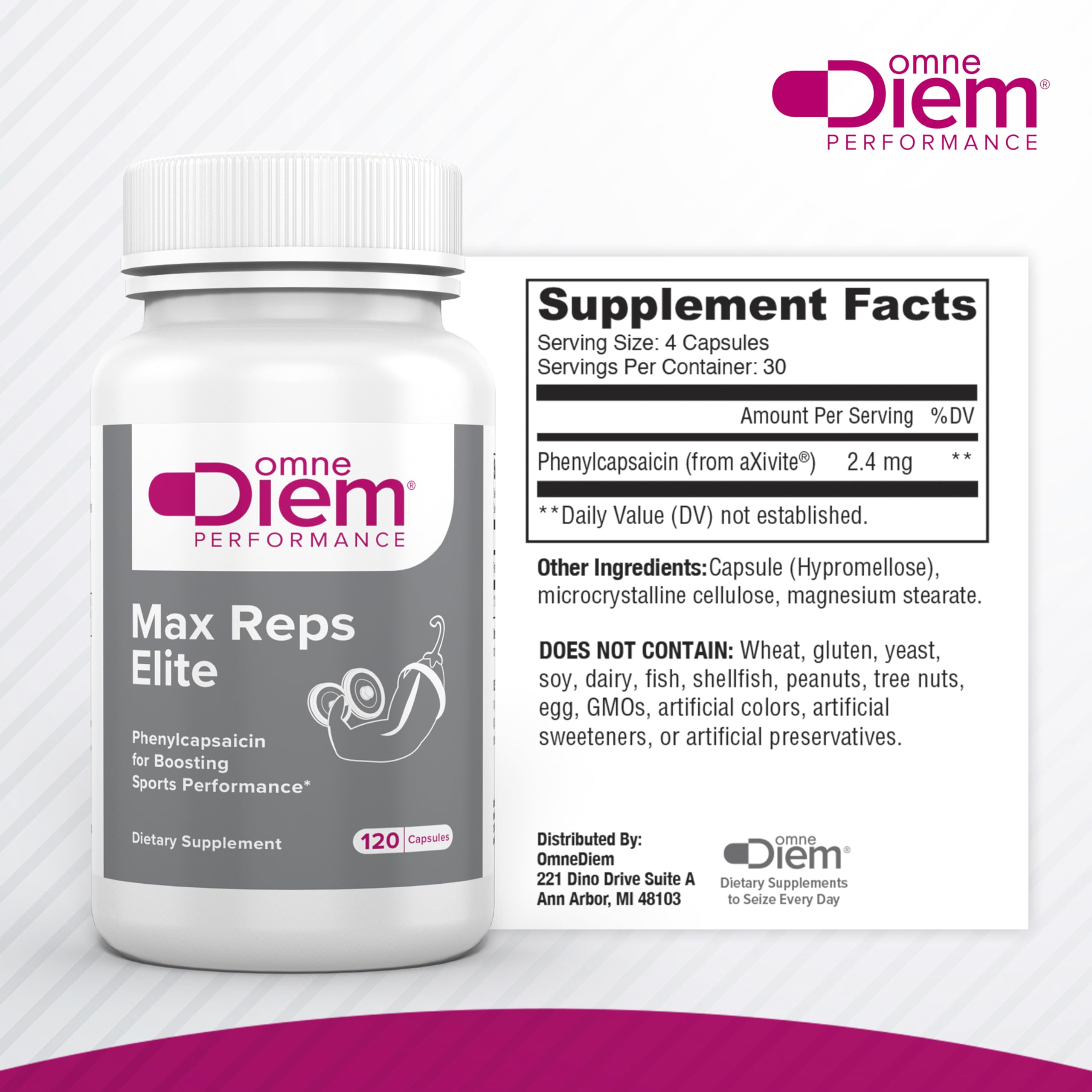 Omne Diem Max Reps Elite Capsules - Phenylcapsaicin Sports Performance Supplement - 120 ct