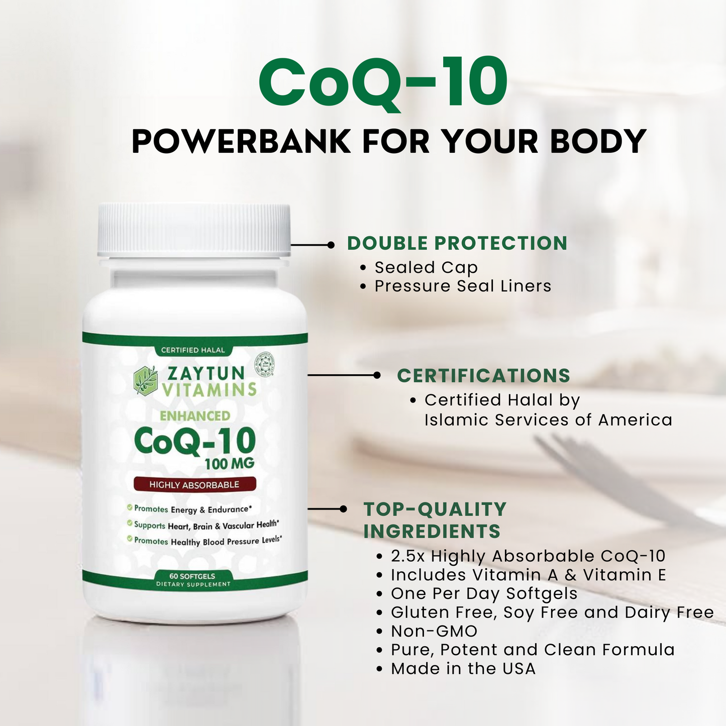 Halal CoQ 10 + Vitamin E Softgels