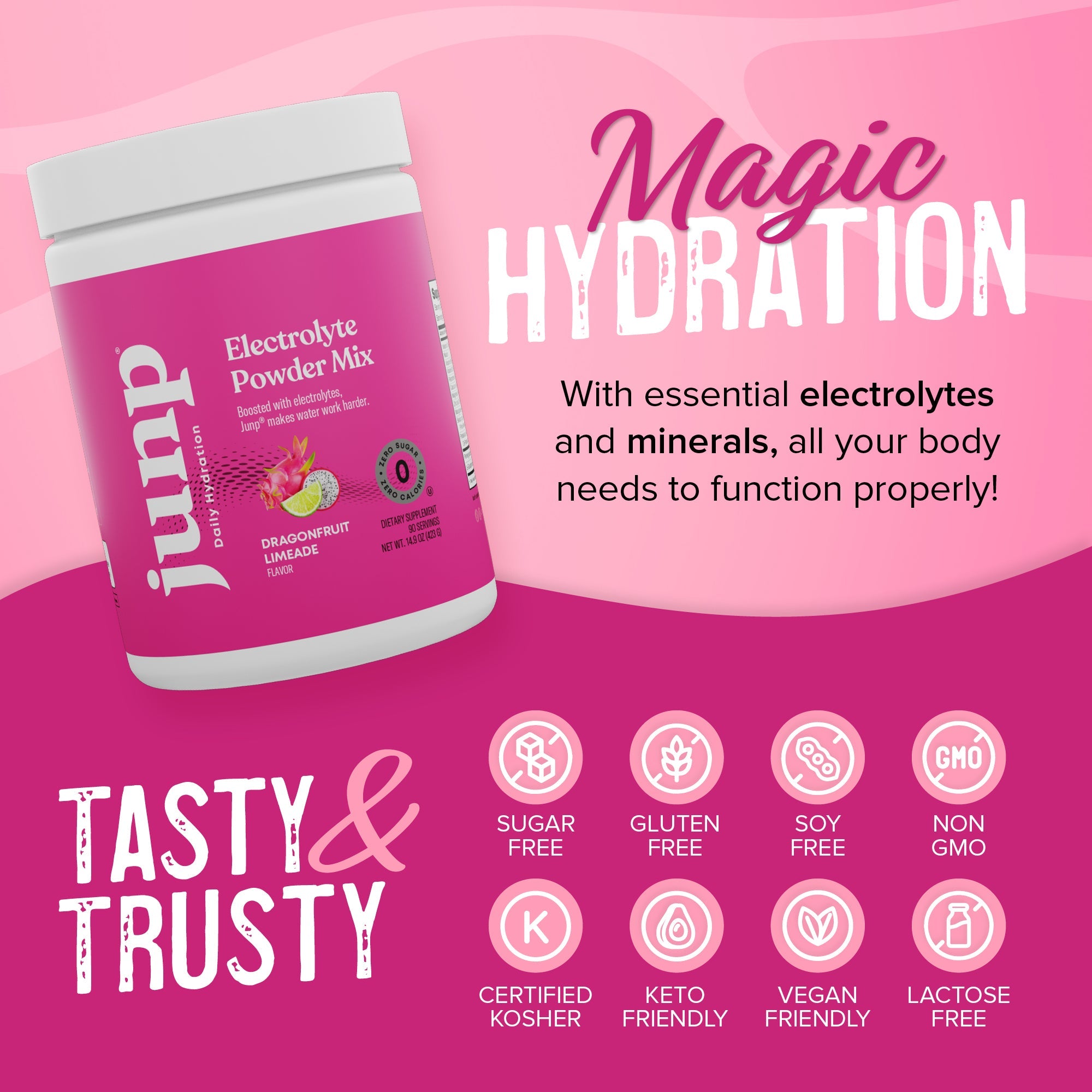 JUNP Electrolytes Powder No Sugar No Carbs - Exotic Tropical Dragonfruit Limeade Drink Mix - Potassium & Salt Electrolyte Hydration Powder Zero Calorie Sugar Free Electrolyte Powder, Keto, 90 Servings