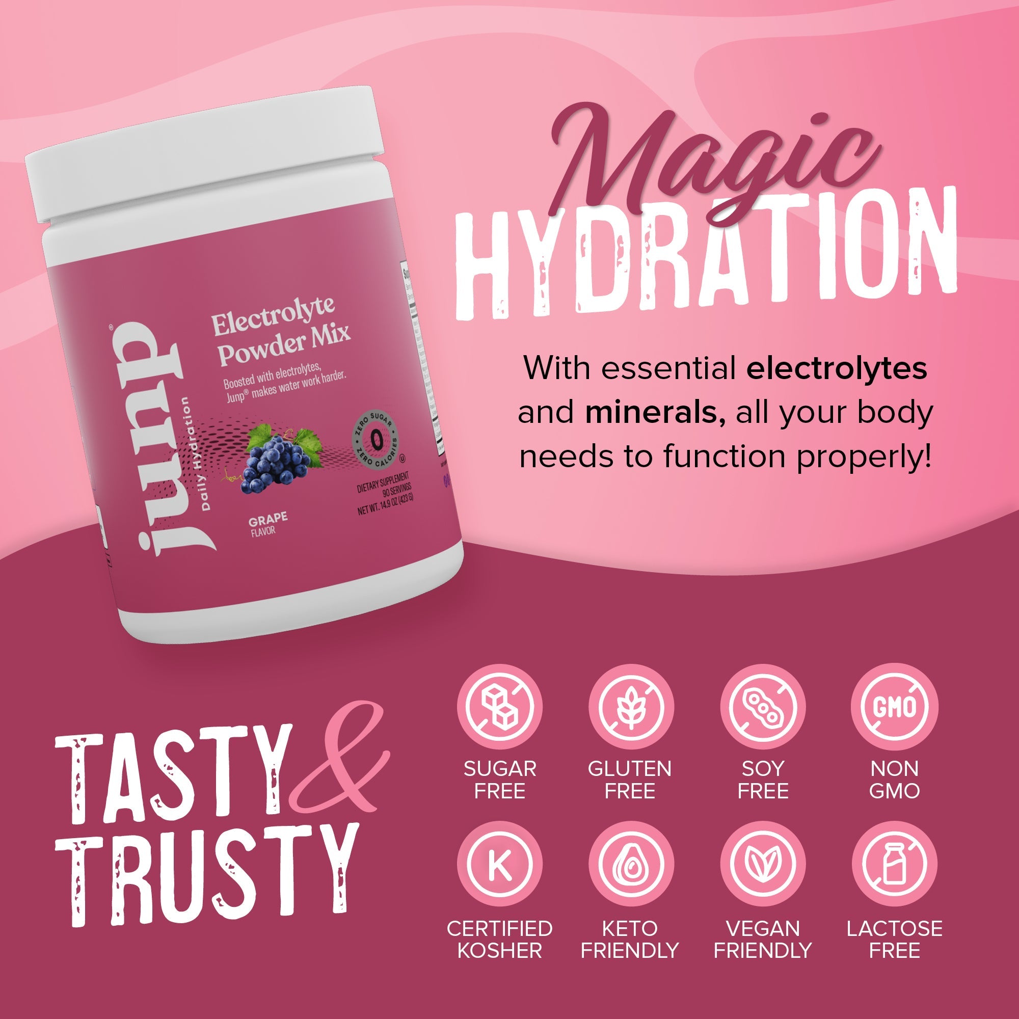 JUNP Electrolytes Powder No Sugar No Carbs – Vine Ripened Grape Infused Drink Mix - Potassium & Salt Electrolyte Hydration Powder Zero Calorie Sugar Free Electrolyte Powder, Keto Friendly, 90 Servings