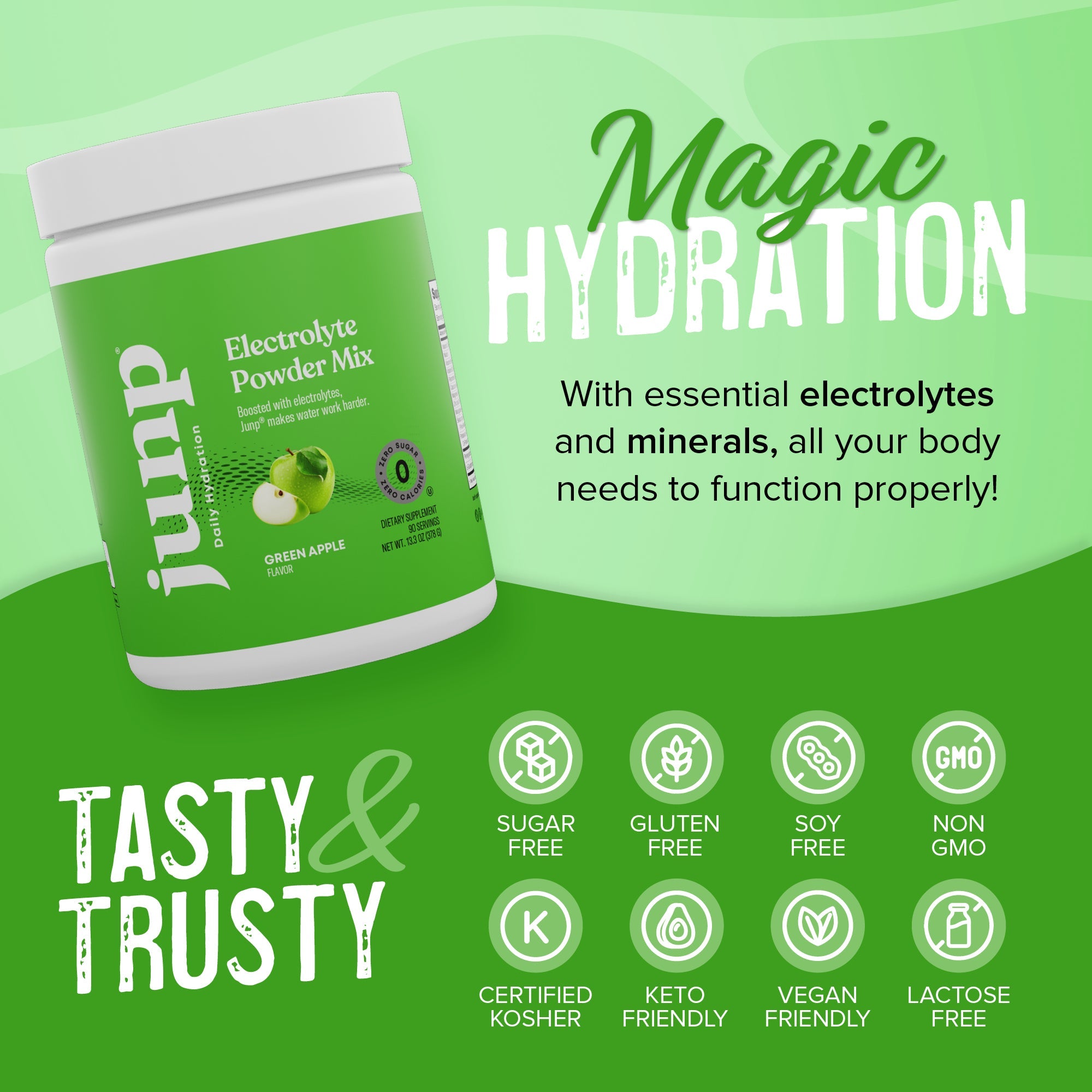 JUNP Electrolytes Powder No Sugar No Carbs – Mouthwatering Green Apple Drink Mix - Potassium & Salt Electrolyte Hydration Powder Zero Calorie Sugar Free Electrolyte Powder, Keto Friendly, 90 Servings