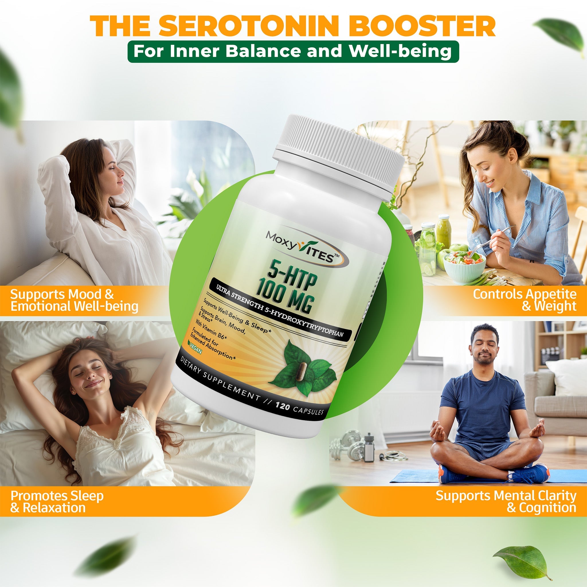 infographic showing benefits of MoxyVites 5HTP serotonin booster