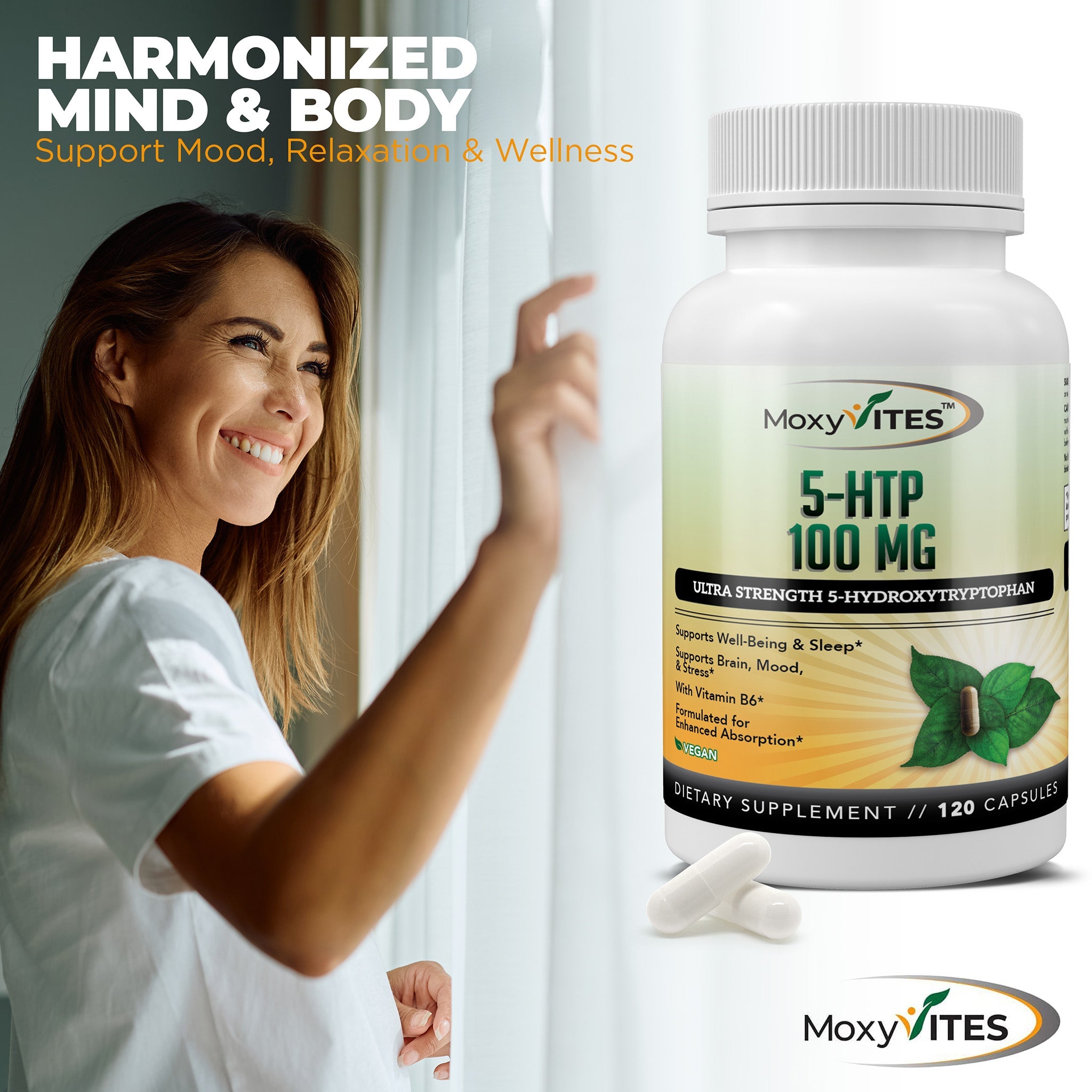 infographic showing benefits of MoxyVites 5HTP support mood relaxation