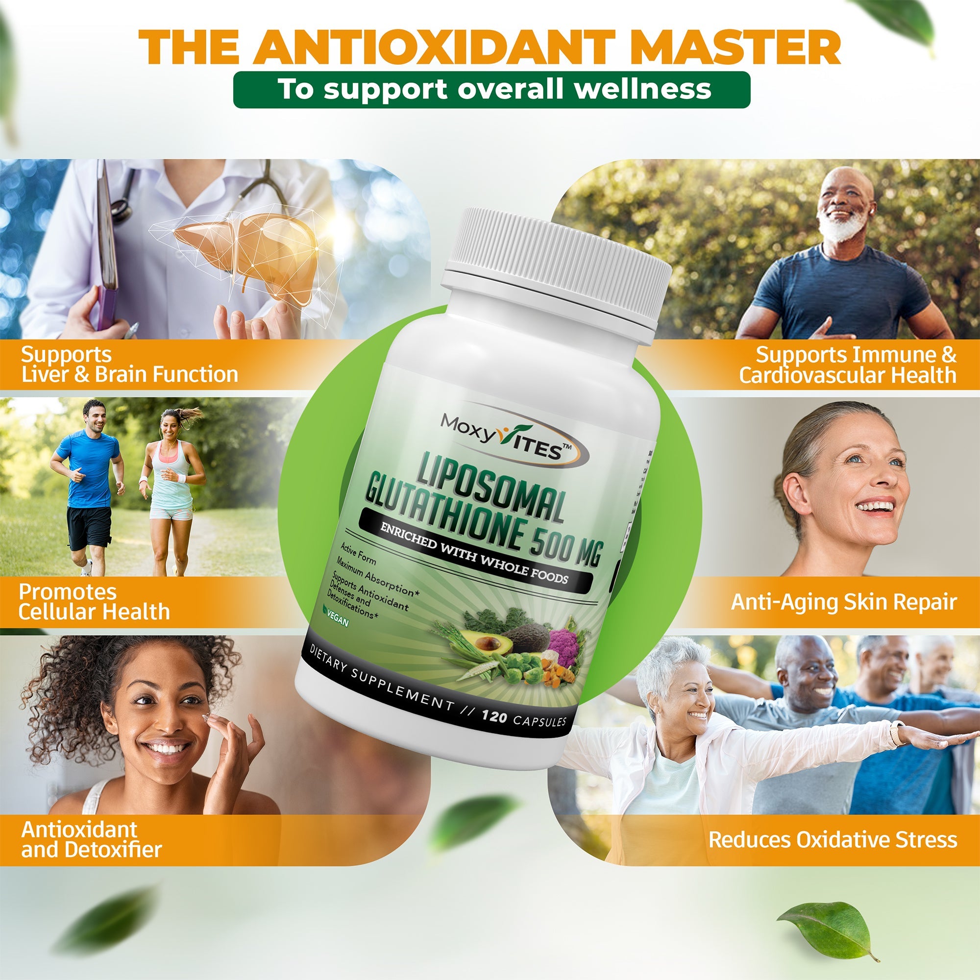Infographic showing benefits of Liposomal Glutathione - best antioxidant 