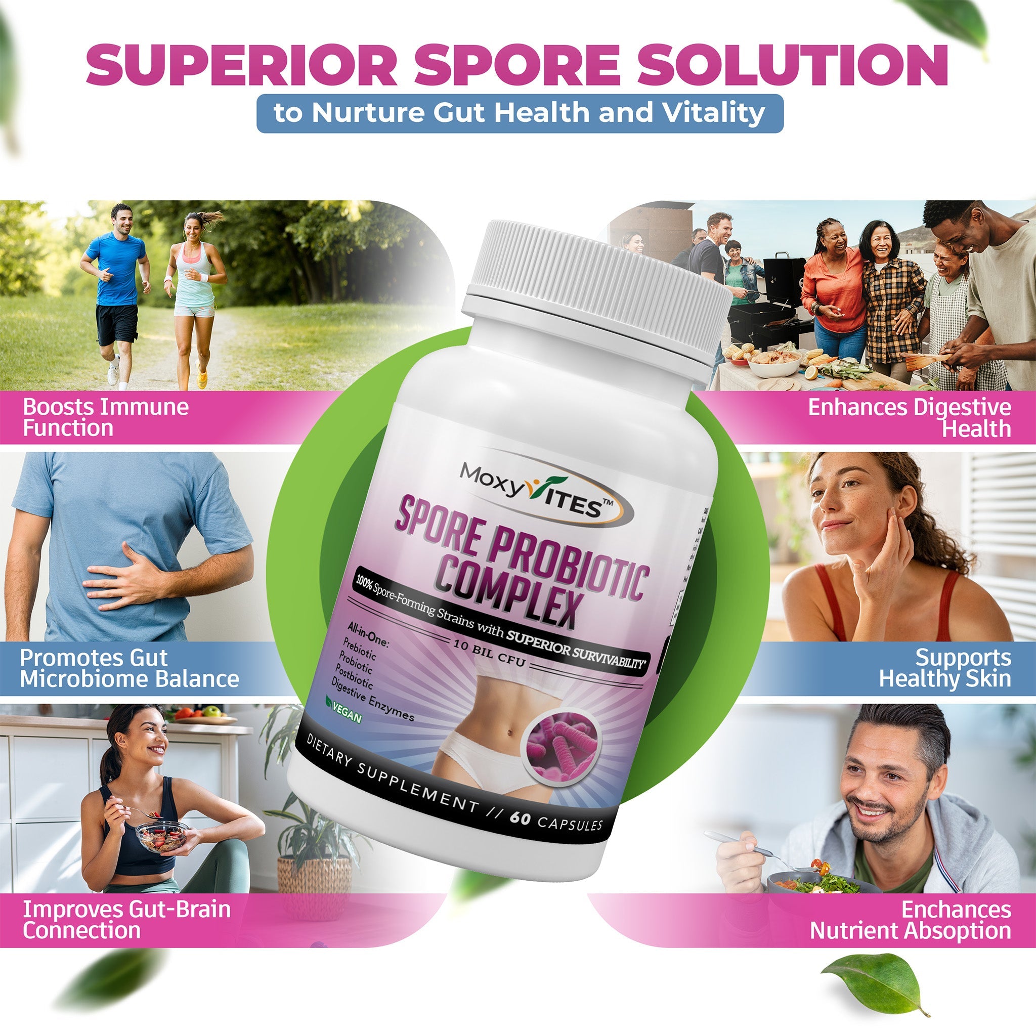 infographic showing benefits of 
 MoxyVites Spore Probiotic nurture gut health