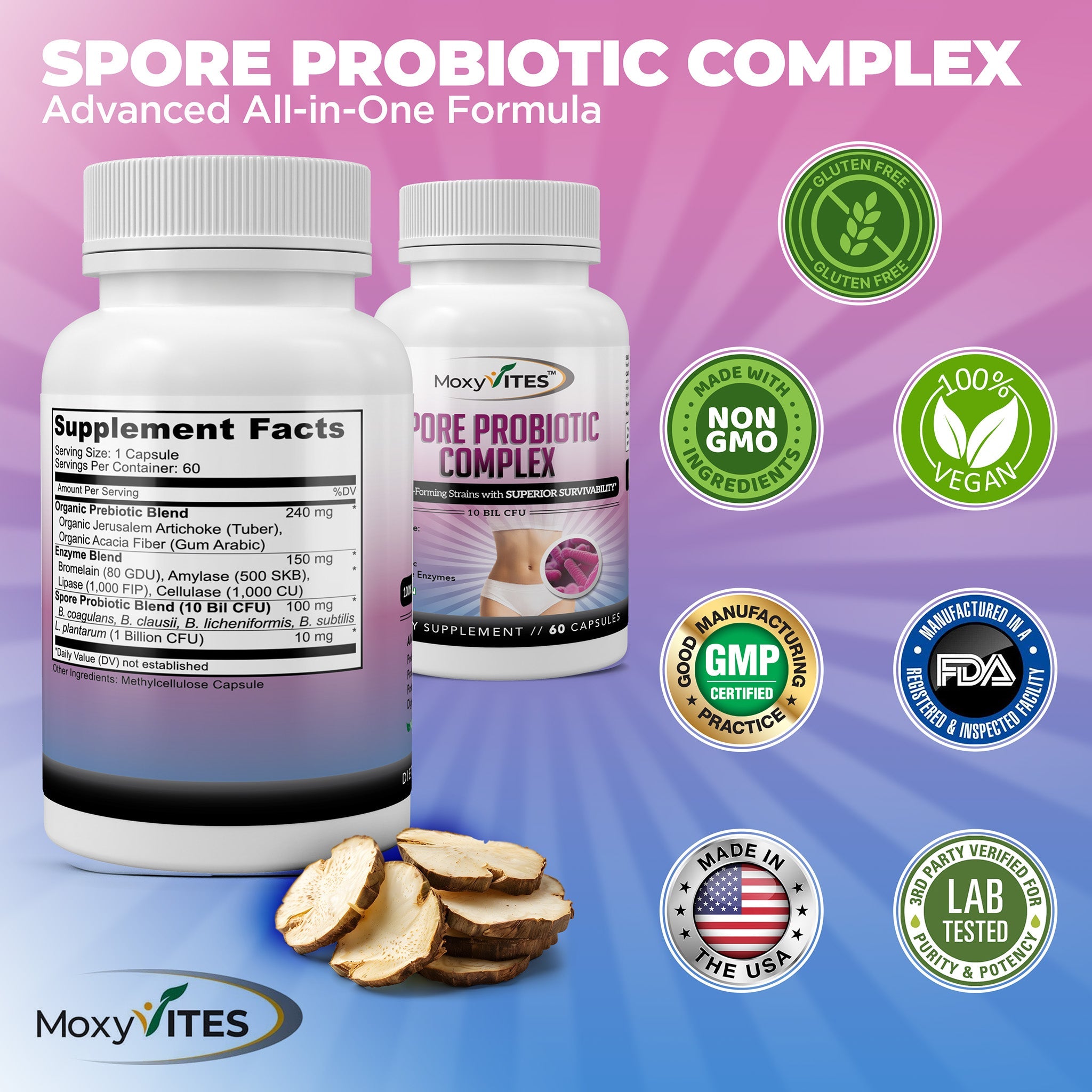infographic showing benefits of MoxyVites Spore Probiotic non-gmo