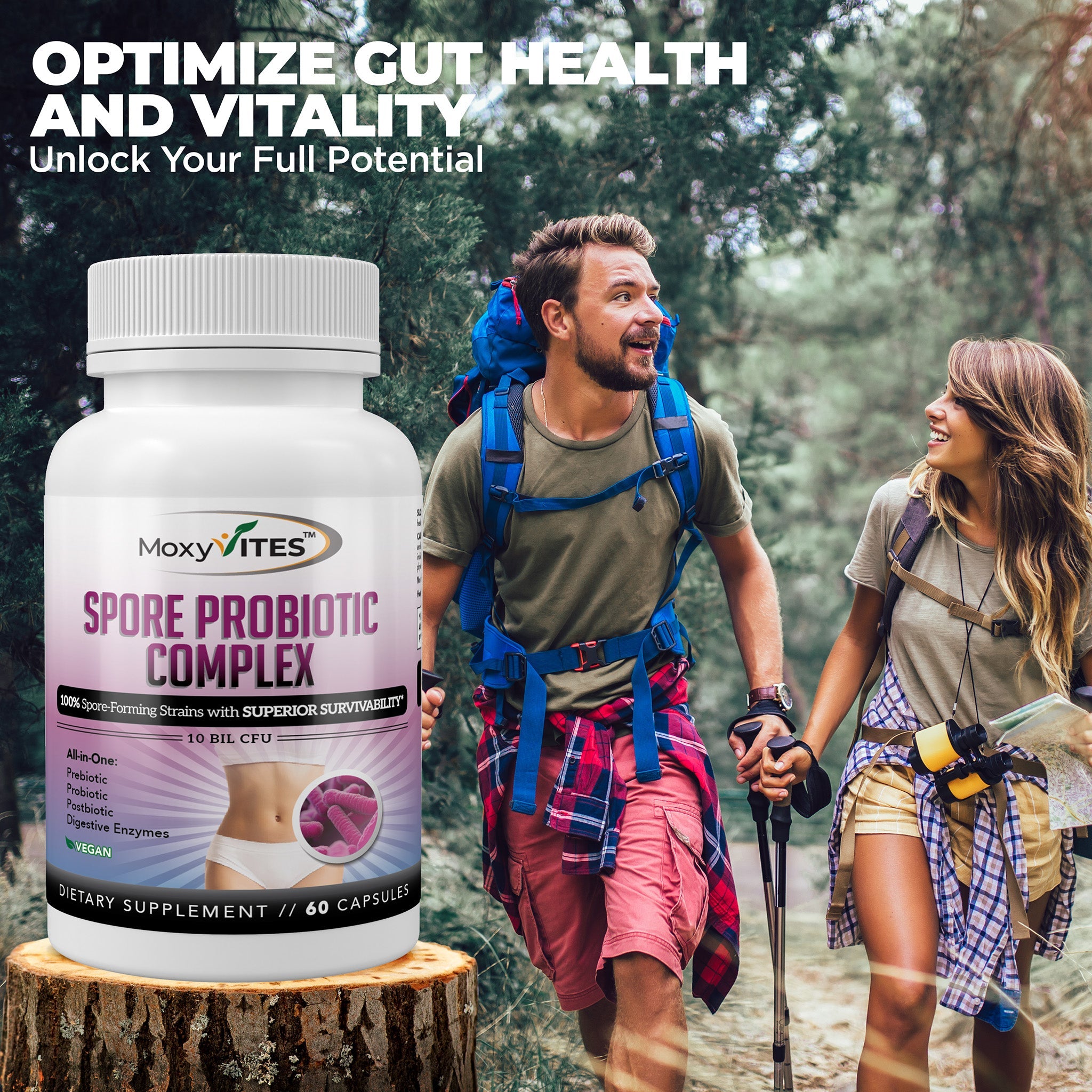 infographic showing benefits of MoxyVites Spore Probiotic gut health and vitality