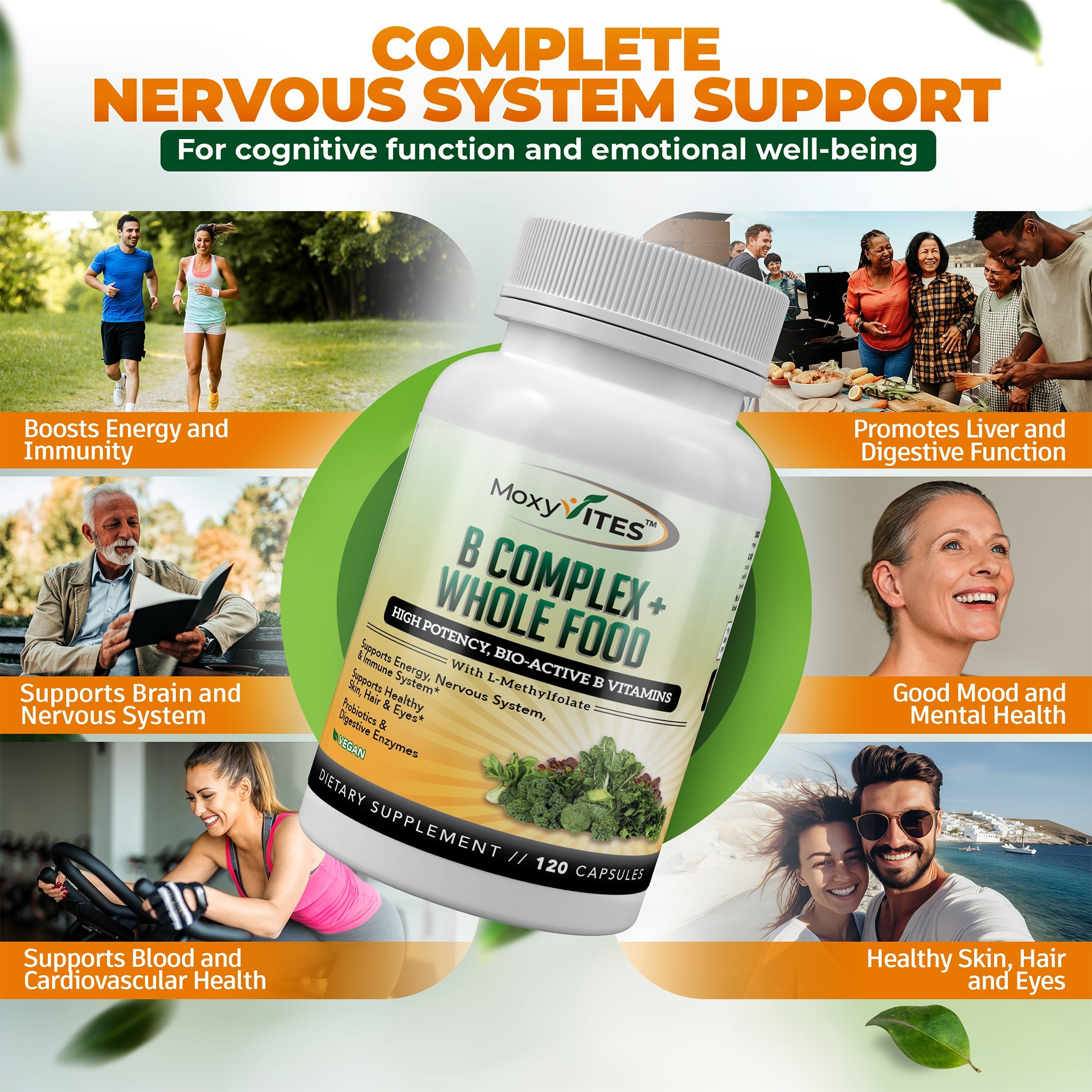 infographic showing MoxyVites Whole Food_B-Complex complete nervous system support