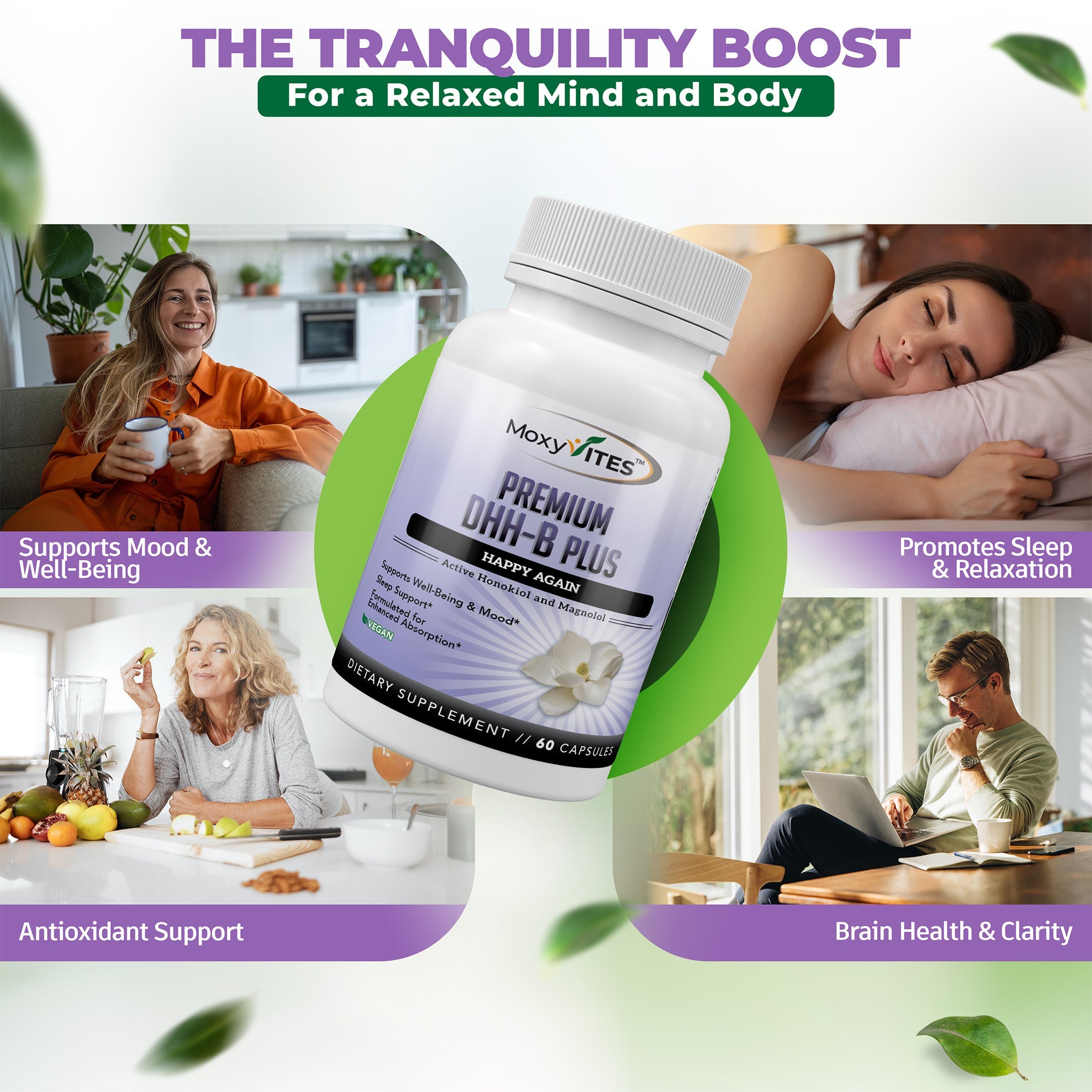 infographic showing benefits of MoxyVites DHH-B tranquility boost