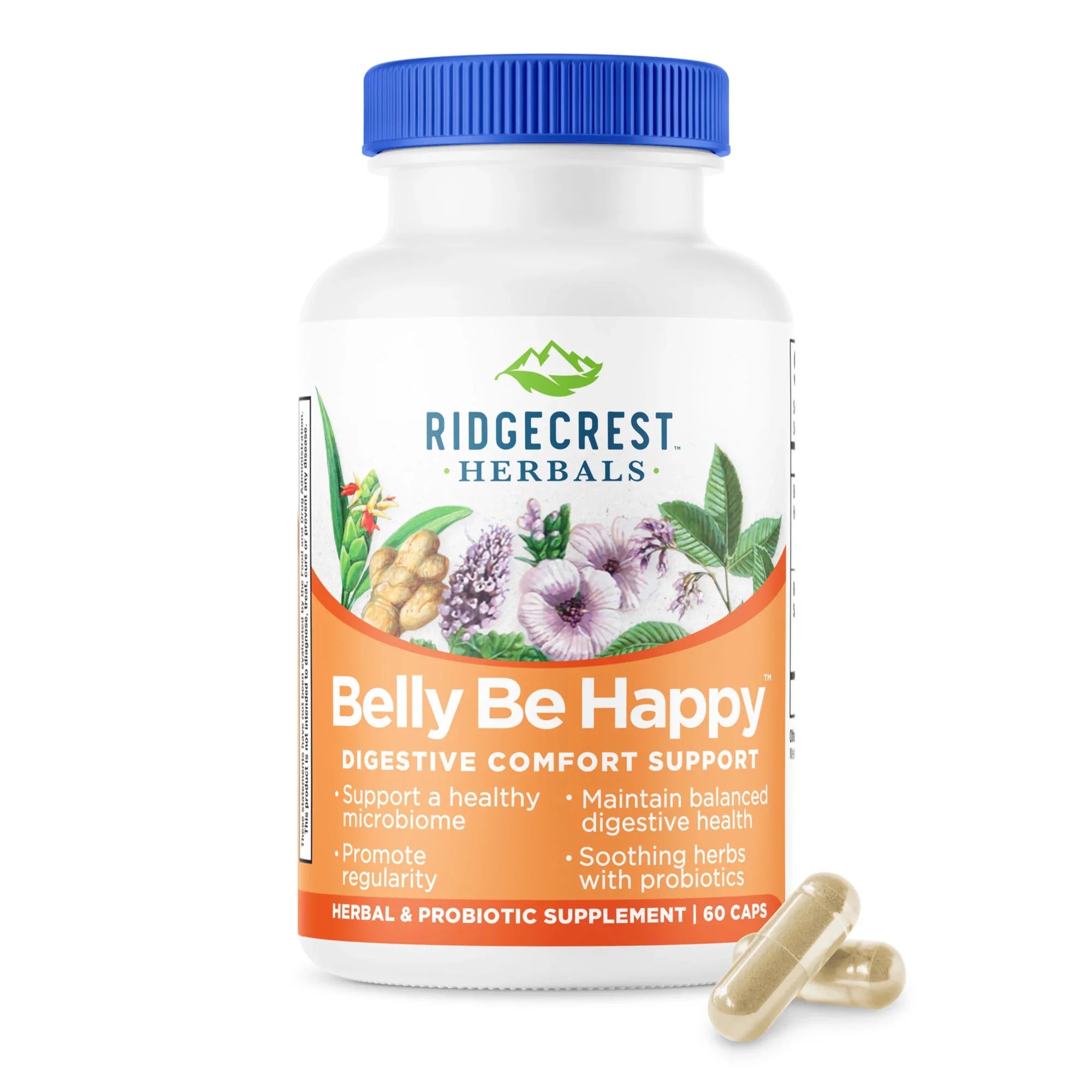 Belly Be Happy supplement bottle on a white background, with two capsules in front