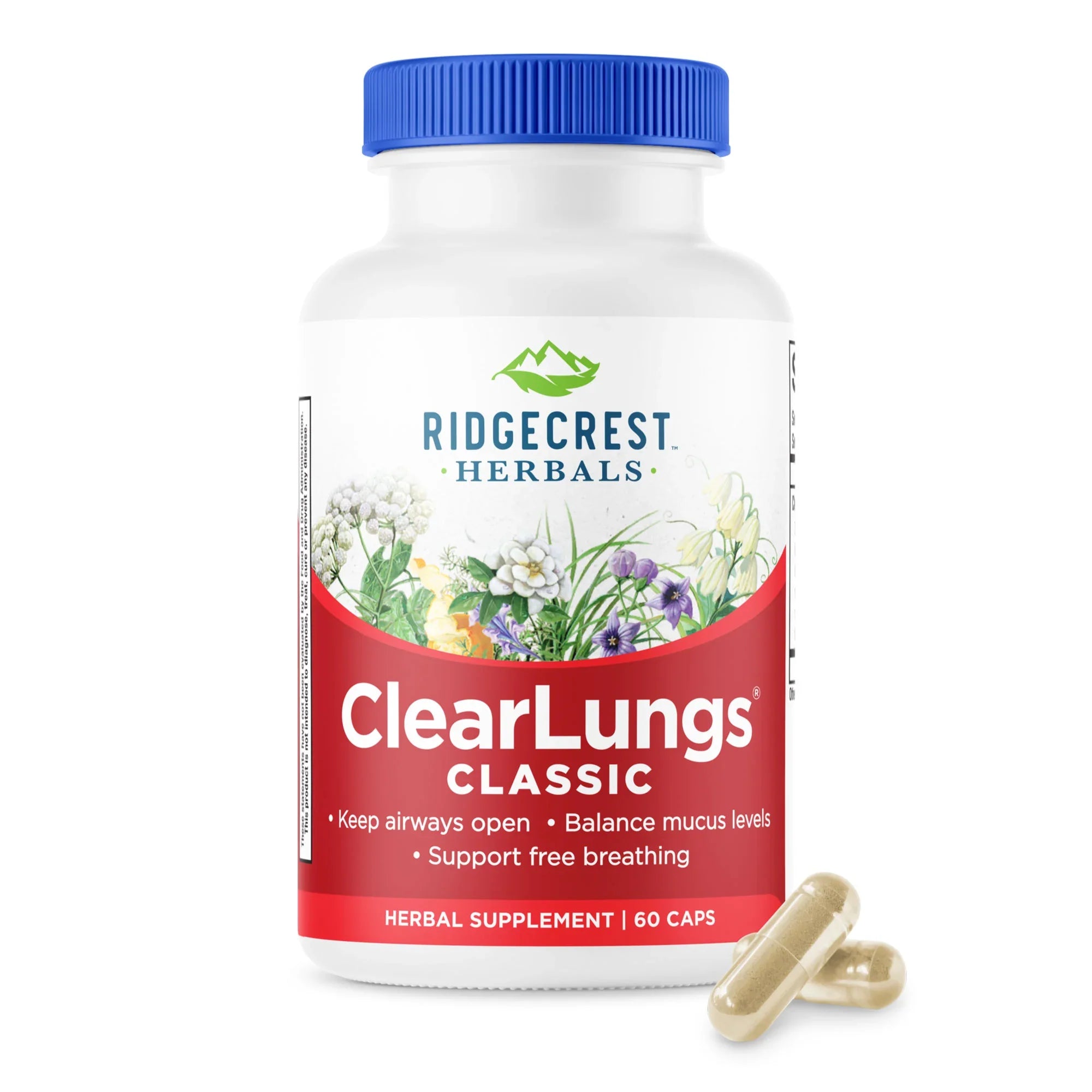 ClearLungs Classic supplement bottle on a white background, with two capsules in front