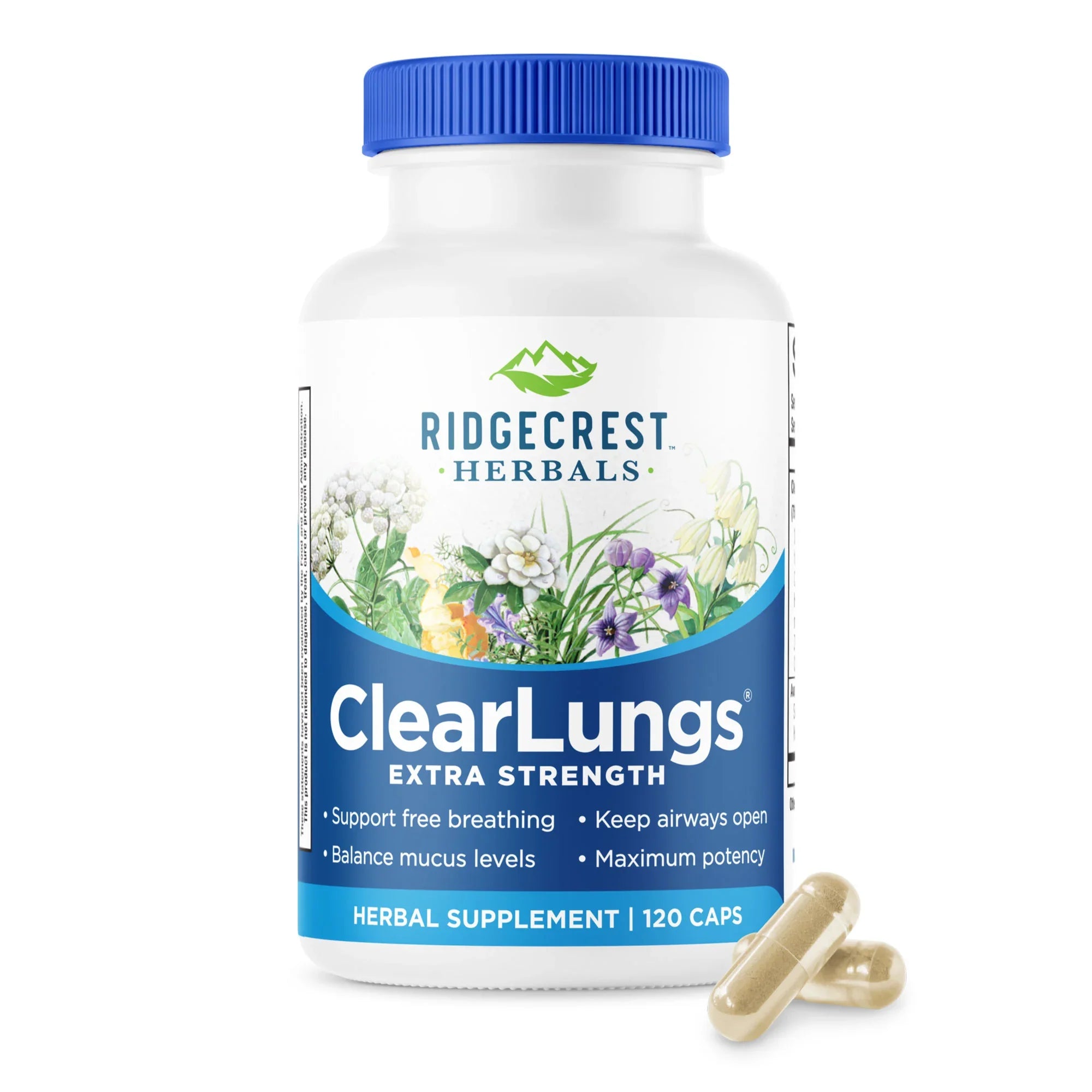 ClearLungs Extra Strength supplement bottle on a white background, with two capsules in front