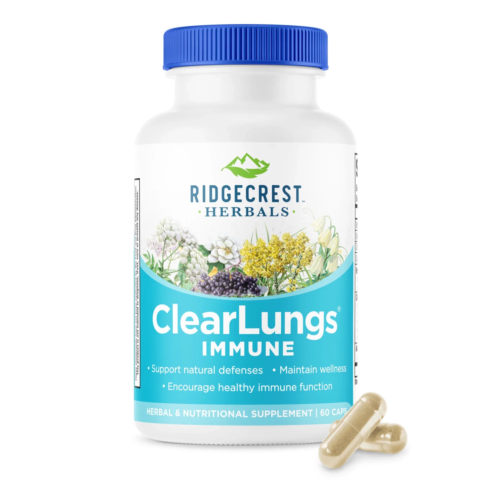 ClearLungs Immune supplement bottle on a white background, with two capsules in front
