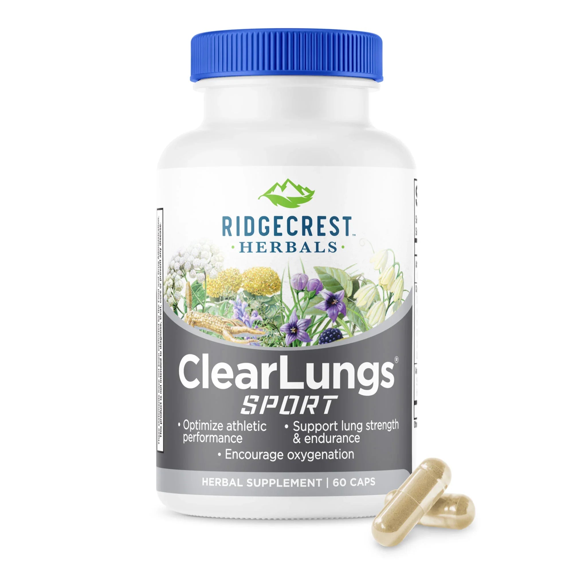 ClearLungs Sport supplement bottle on a white background, with two capsules in front