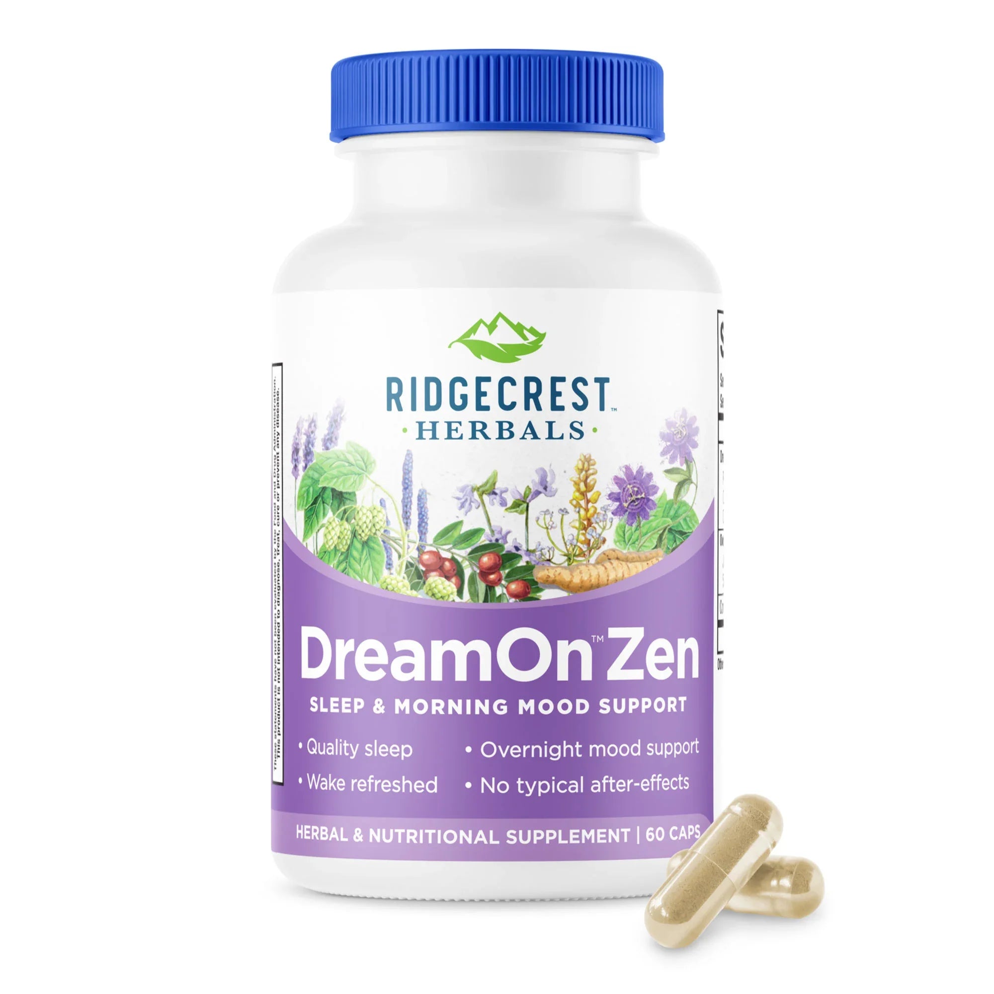 DreamOn Zen supplement bottle on a white background, with two capsules in front