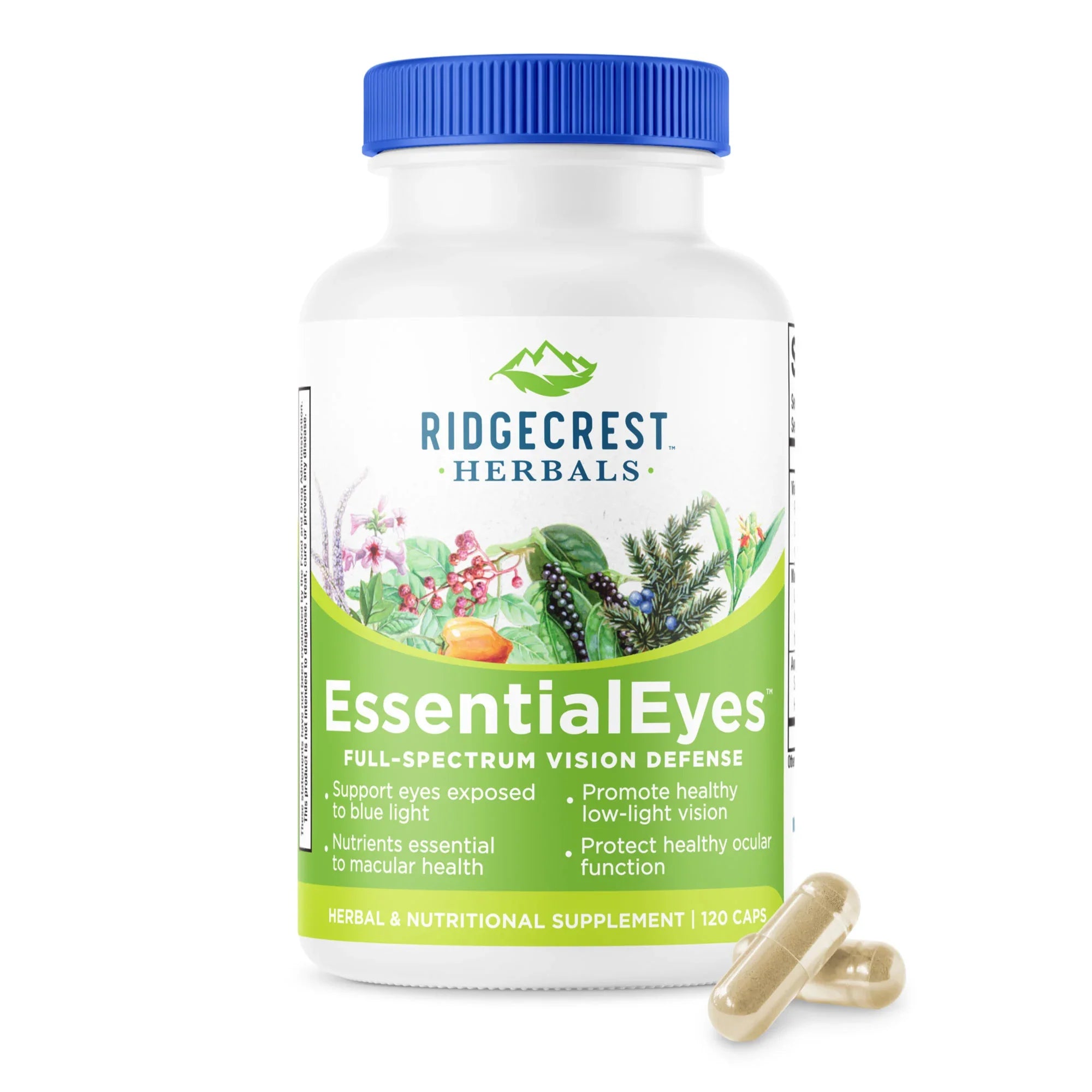 Essential Eyes supplement bottle on a white background, with two capsules in front