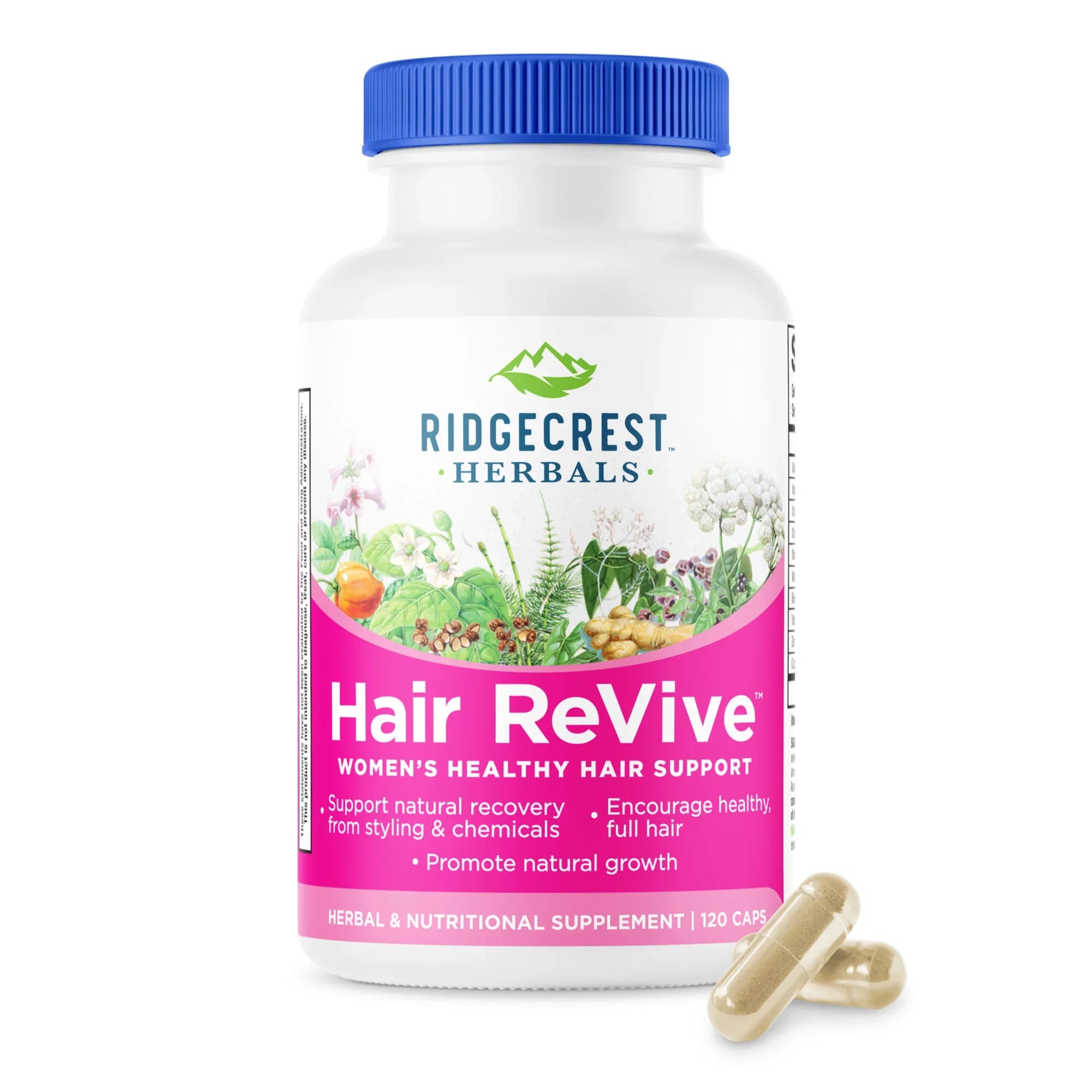 HairRevive supplement bottle on a white background, with two capsules in front