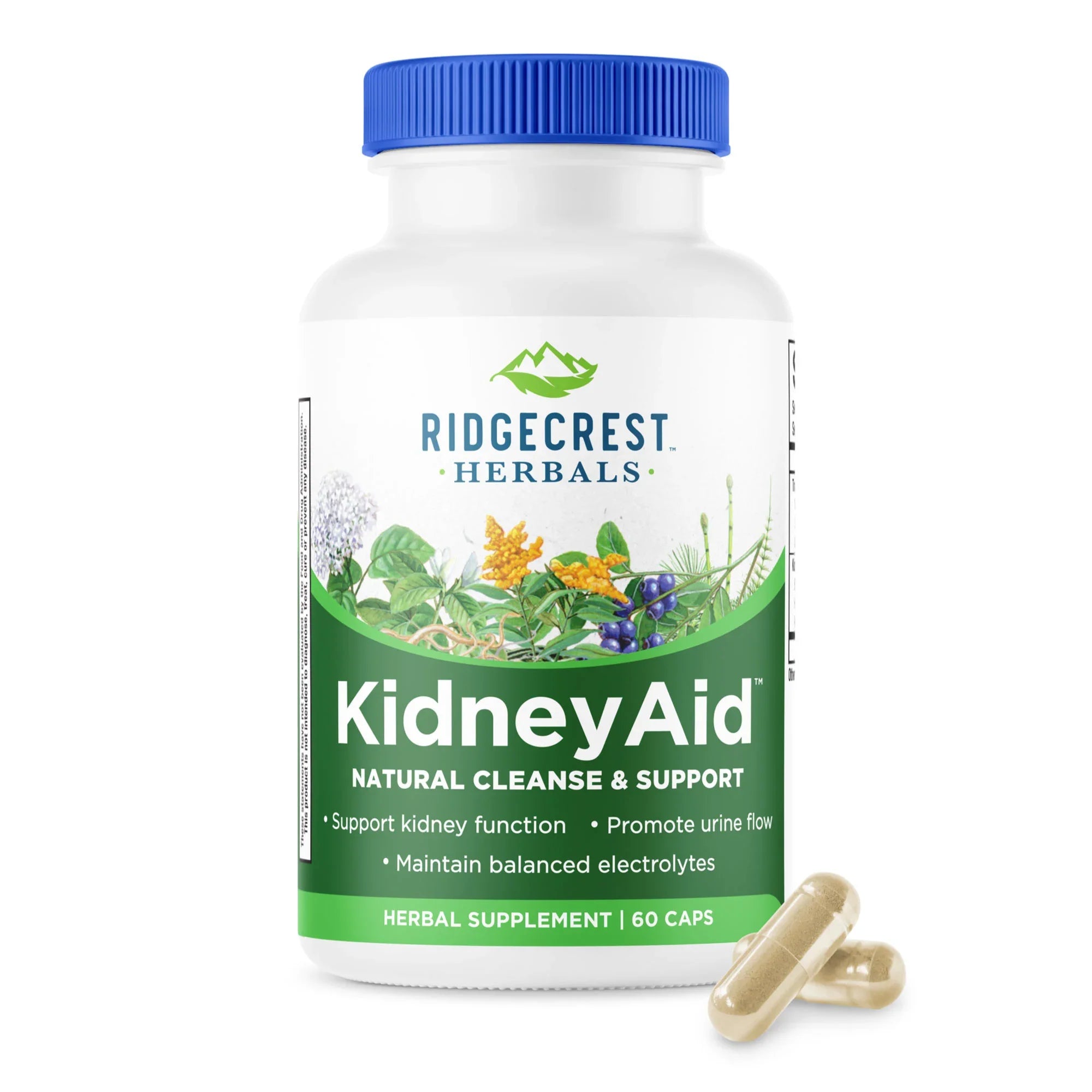 KidneyAid supplement bottle on a white background, with two capsules in front