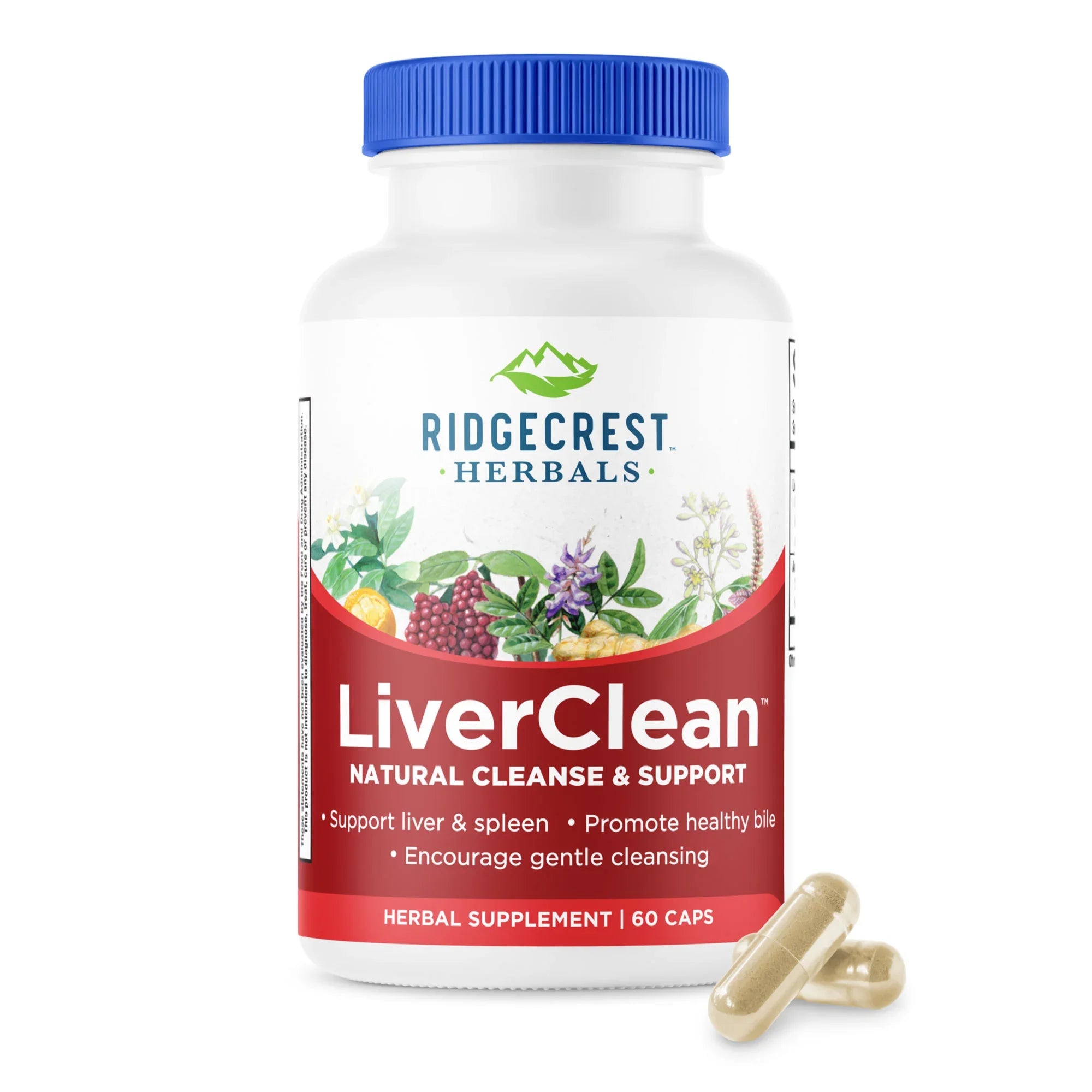 LiverClean supplement bottle on a white background, with two capsules in front