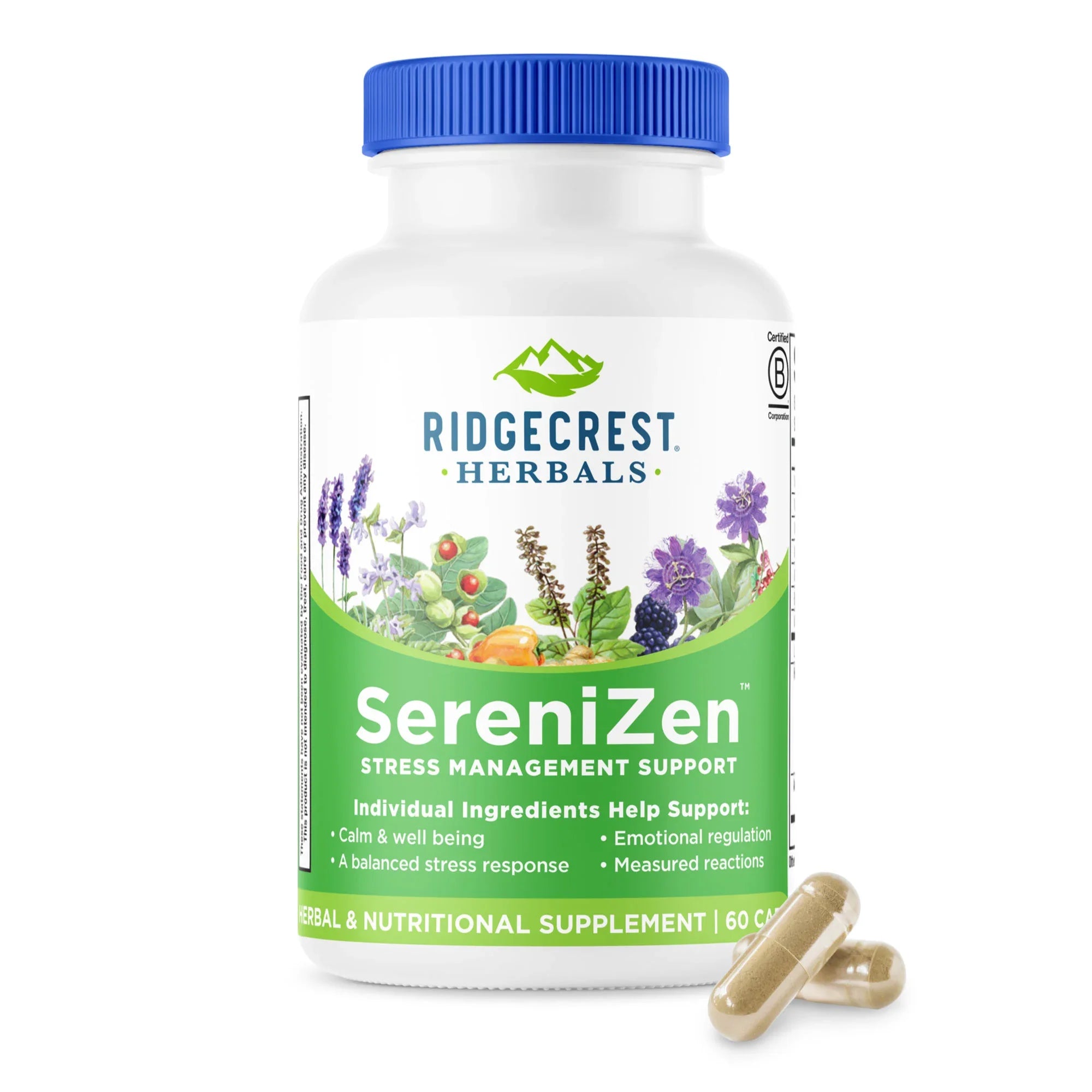 SereniZen supplement bottle on a white background, with two capsules in front