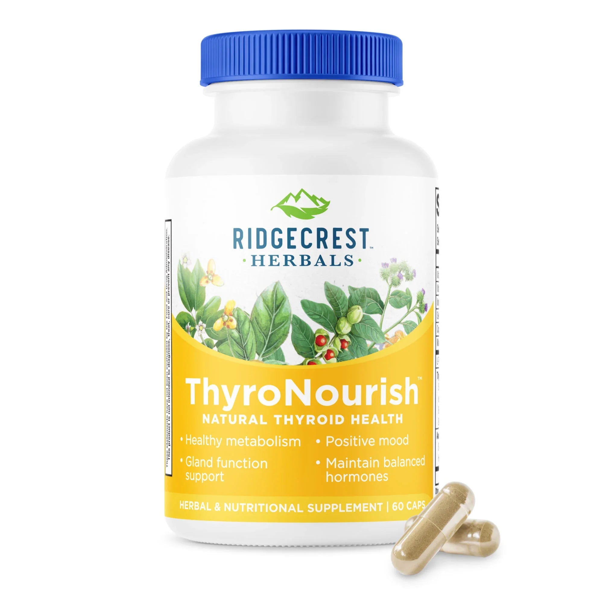 Ridgecrest Herbals ThyroNourish supplement bottle on a white background, with two capsules in front.