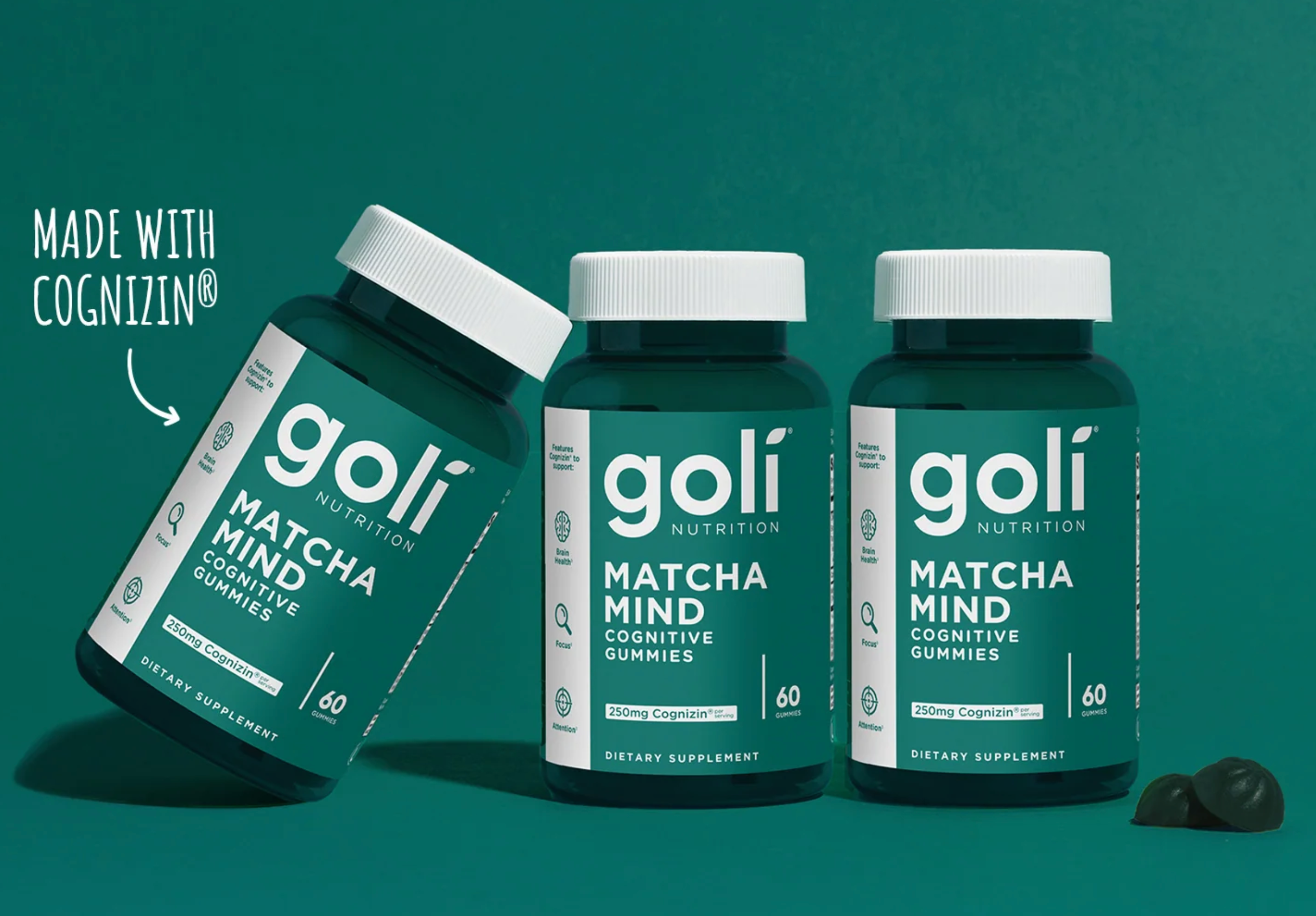 1 Bottle of Goli Matcha Mind Gummies - 60 Count - Green Tea Leaves Powder with Cognizin for Focus, Attention and Brain Health, Vegan, Non-GMO, Gluten-Free & Gelatin Free.
