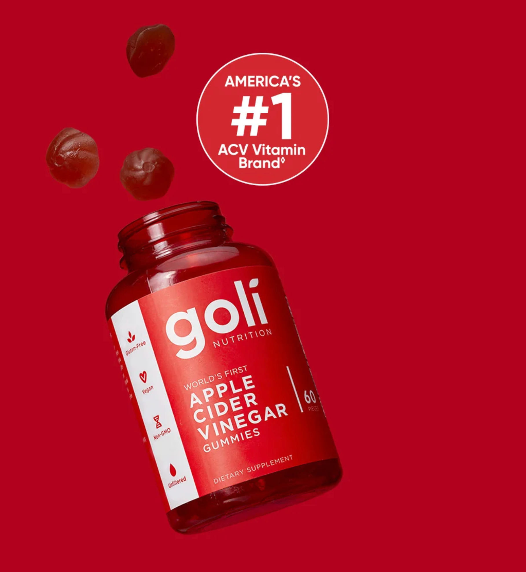 3 Bottles of Goli Nutrition Apple Cider Vinegar Gummies - America's Number One ACV Vitamin Brand - 60 Count
