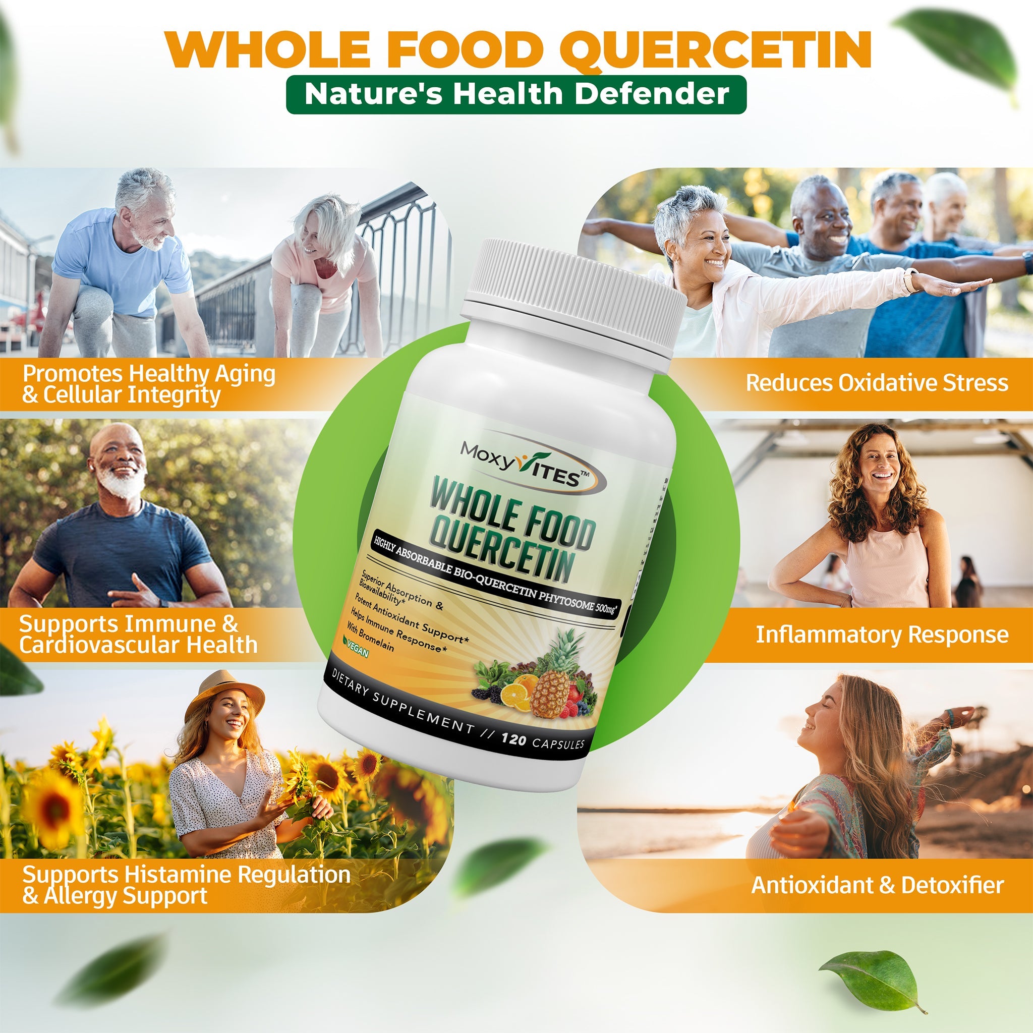 Infographic showing 5 key benefits of quercetin with bromelain supplement